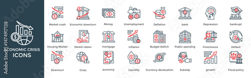 ECONOMIC CRISIS icon set. Containing Market crash, Economic downturn, Money, Unemployment, Deflation