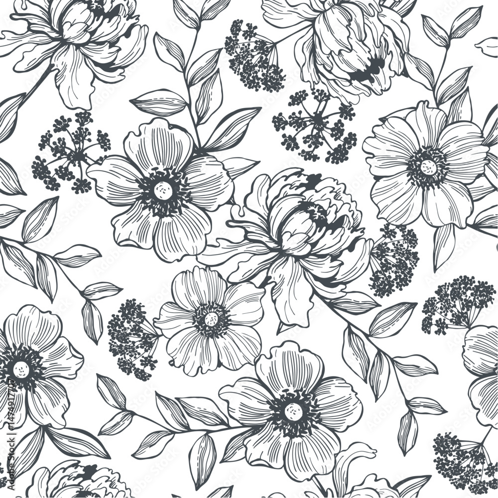 Obraz premium Floral background. Seamless vector pattern with hand-drawn flowers.