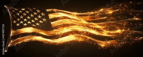 American Flag with Golden Light Trails on Black Background
