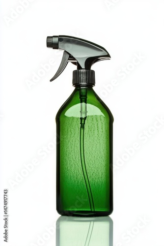 Green glass spray bottle with black top.  Clear plastic nozzle
