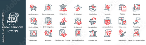 legal services icon set. Containing home insurance, Litigation, Arbitration, Mediation, Lawsuit