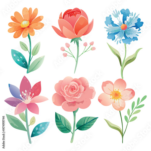 Set Adorable flower vector watercolor