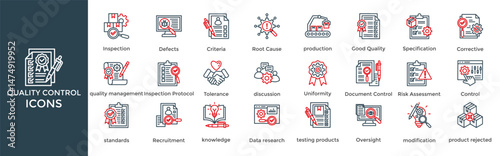 Quality Control icon set. Containing Inspection, Defects, Criteria, Root Cause, production 