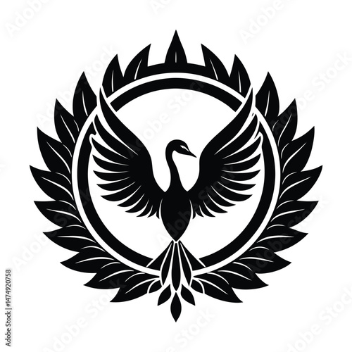 Elegant black and white vector illustration of a majestic swan with open wings surrounded by laurel wreath emblem