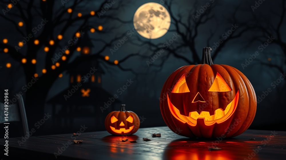 Fototapeta premium A spooky Halloween scene features two illuminated jack-o'-lanterns on a wooden table with a haunted house and full moon in the background.