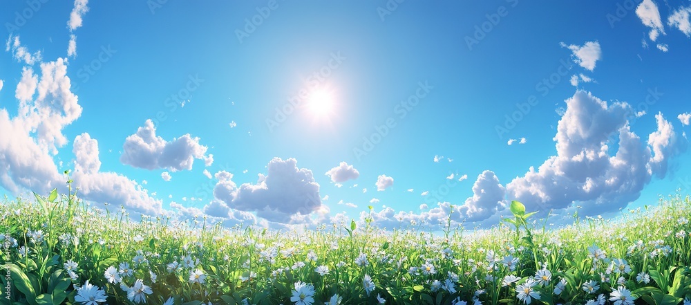 Fototapeta premium Bright Sunny Meadow With White Flowers And Clouds