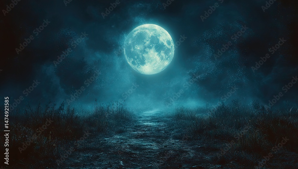 Moonlit path, foggy night, mystical forest, background ideal for fantasy, horror, or mystery Moonlit path, foggy night, mystical forest, background ideal for fantasy, horror, or mystery