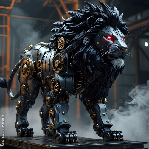 Futuristic Mechanical Lion with Gears and Glowing Eyes – Robotic Steampunk Jungle King