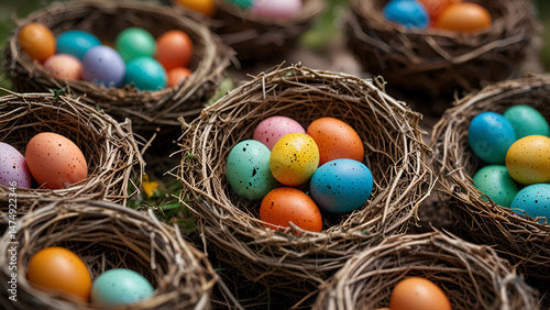 Six twig nests cradle pastel-colored speckled eggs on a forest floor with leaves and dirt in a softly blurred background evoking springtime nature and renewal ai.

