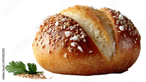 Fresh Baked Bread Roll: A close-up shot of a freshly baked bread roll sprinkled with sesame seeds, a touch of salt, and a sprig of parsley for a wholesome and appetizing look