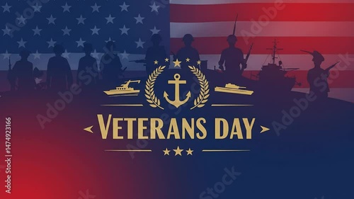 Honoring Veterans: A Patriotic Tribute with Soldier Silhouettes, Naval Vessels, and American Flag Backdrop for Remembrance and Gratitude on Veterans Day