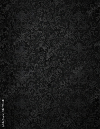Seamless black gothic wallpaper, swirling floral damask pattern , swirling, luxury pattern, dark texture