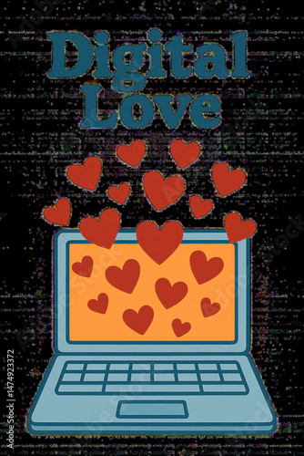 Digital love text with laptop illustration and flying red hearts symbolizing online affection and romance