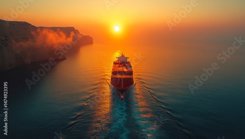 Container ship heading into vibrant sunset ocean view