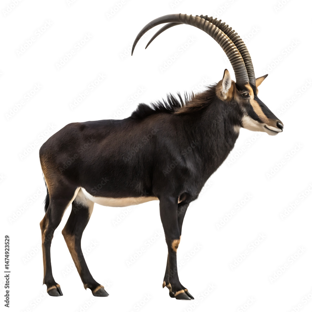 Fototapeta premium A majestic sable antelope exhibiting its elegant horns against a solid isolated on white background