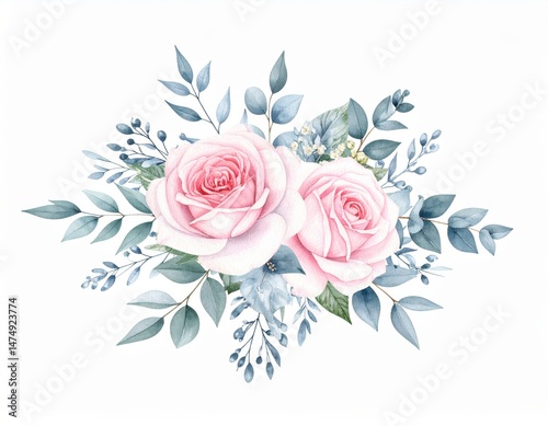 A beautiful watercolor illustration of pink roses surrounded by delicate greenery and blue accents, creating a romantic floral arrangement