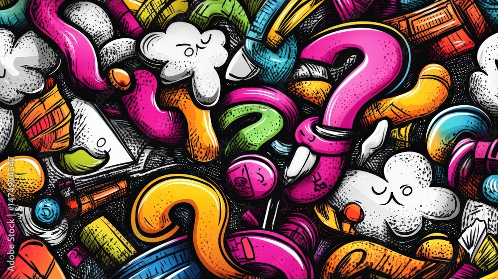 Obraz premium Colorful abstract graphic featuring question marks and artistic elements