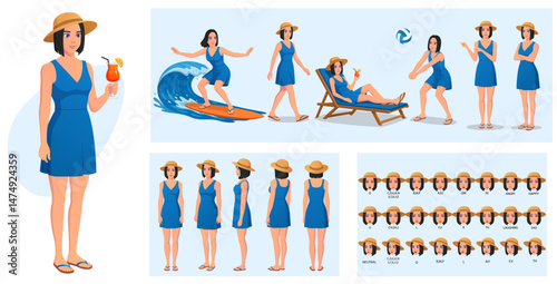 Woman Wearing Summer Dress Character Creator and action Poses Pack, Surfing, Walking, Volleyball, Pointing, Cocktail, relaxing, with lip sync, side, front and back view Vector Illustrations