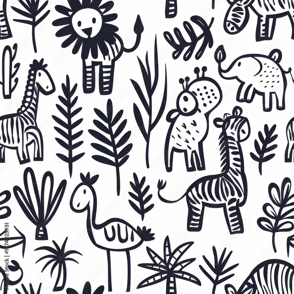 Fototapeta premium seamless minimal pattern of simple line art African animals, giraffe, lion, zebra, elephant, clean monochrome design