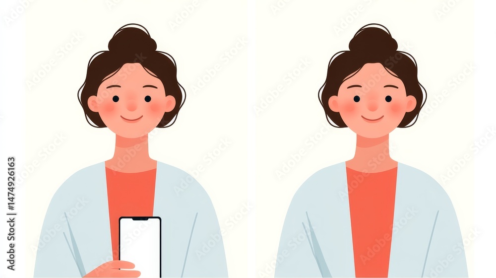 Obraz premium Cheerful Young Woman Holding Smartphone in Digital Illustration with Friendly Expression and Soft Background