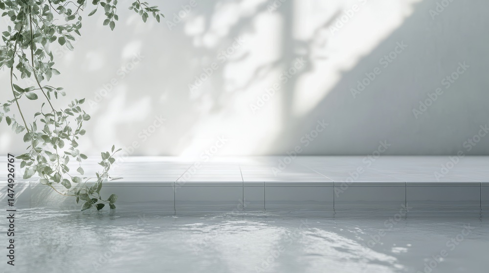 Fototapeta premium Serene Minimalist Poolside Tranquil Water Greenery Sunlight