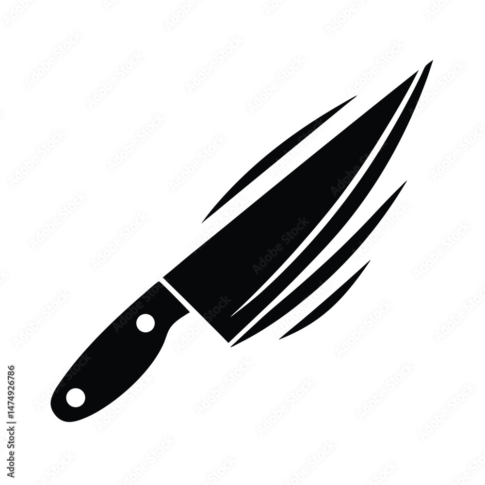 Obraz premium Black and white illustration of a sharp kitchen knife with motion lines isolated on a white background.