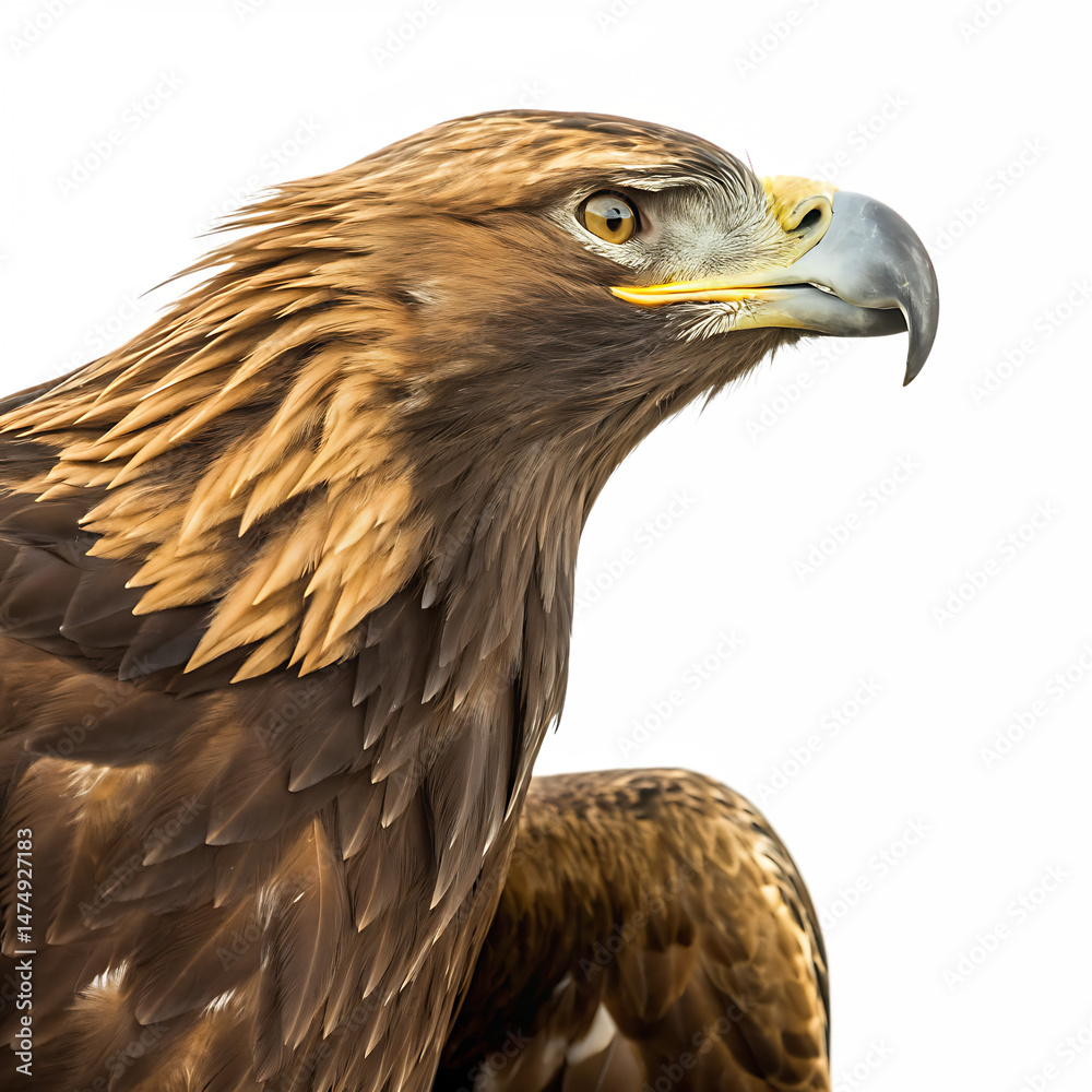 Obraz premium Majestic golden eagle portrait displaying focused gaze and powerful presence isolated on white background