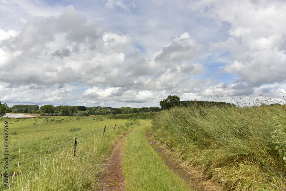 Obraz premium Chemin pour le passages des engins agricoles sous des gros cumulus gris à Écaussinnes-d'Enghien (Soignies)