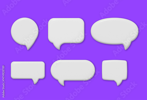 Set of 3d white empty speech bubbles. Social media chat message signs. Different shapes of text bubbles. Rendering of various bubbles talk template. Volumetric dialogue clouds. 3D chat box icons
