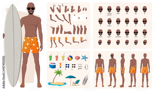 Character Constructor with Black Man Wearing Swim Trunks and Sun Glasses on Beach. Lip sync, hand Gestures, Emotions and Picnic Items Vector File