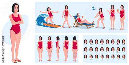 Woman Wearing Swimming Suit Character Constructor and Animation Pack, Surfing, Walking, Volleyball, Pointing, Cocktail, with bikini and lip sync, side, front and back view Vector Illustration