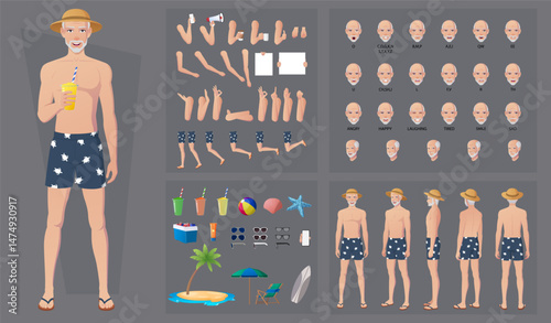 Cartoon Old Man Character creation and Animation Pack with Man Wearing straw-hat and swimming trunks , lip sync, side, front and back view with Accessories summer Vector Illustration