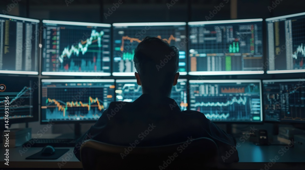 A professional trader sits in a dark office environment, analyzing real-time financial data on multiple monitors. The image reflects high-frequency trading, algorithmic strategies, financial technolo
A professional trader sits in a dark office environment, analyzing real-time financial data on multiple monitors. The image reflects high-frequency trading, algorithmic strategies, financial technolo