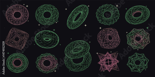 Vector graphic assets set in acid style, retro futuristic background with wireframe elements of different forms, bold modern shapes for design template, poster, stickers, banner in Y2k style