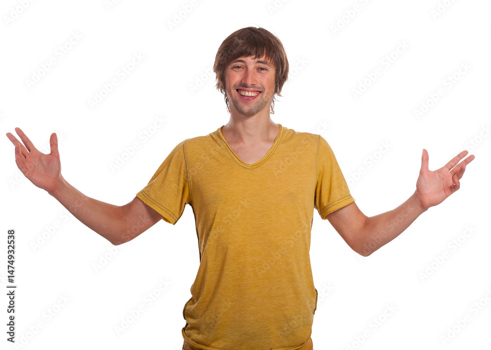 Smiling man expresses joy with arms wide open, dressed in casual yellow attire Smiling man expresses joy with arms wide open, dressed in casual yellow attire
