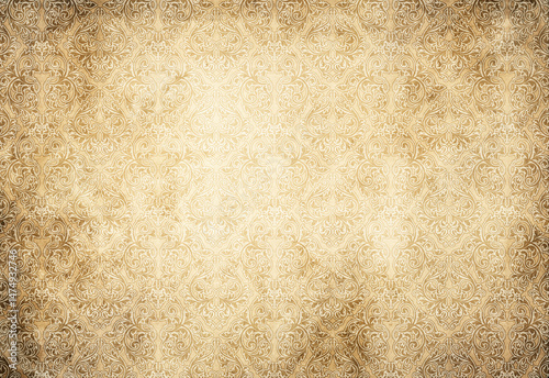 Aged grunge paper background with decorative antique ornament.