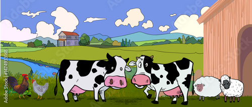 Livestock farm with cow, cattle on farming land view background vector illustration. Agricultural and harvest theme design.