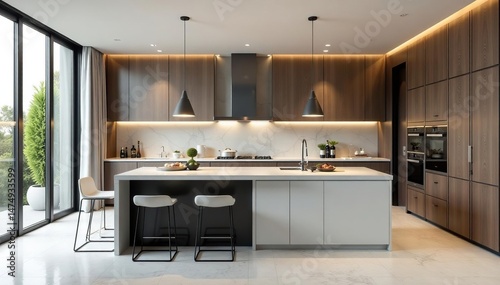 Sleek modern kitchen with stainless steel appliances and minimalist design Island with seating , granite, open plan