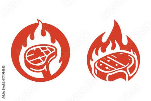 Minimalist steak with fire logo on white background.