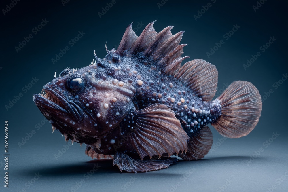 Obraz premium A detailed shot of a unique fish, showing its spiky fins and textured skin against a dark backdrop.