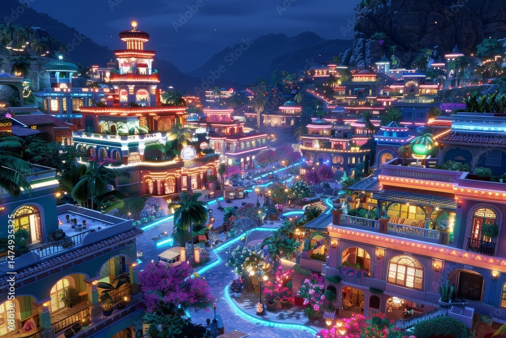 Fototapeta premium Nighttime view of a vibrant, illuminated town filled with colorful buildings, lush gardens, and bright lights in a mountainous landscape