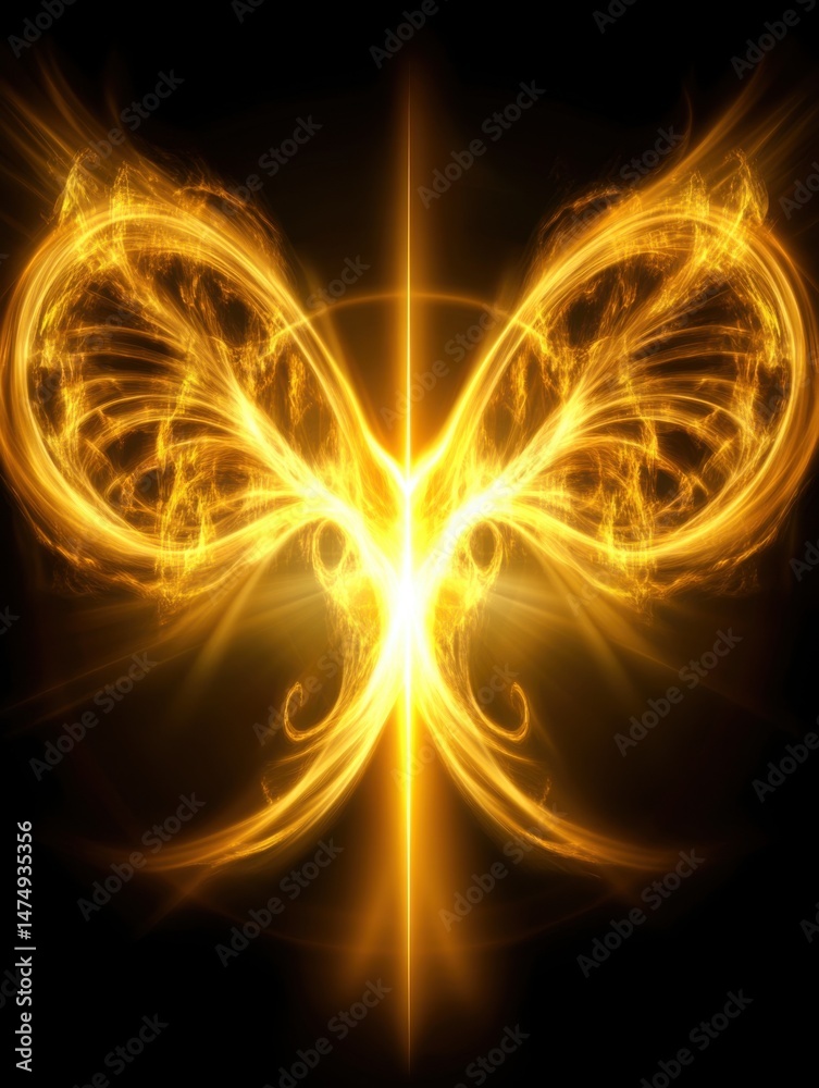 Fototapeta premium Abstract golden light fractal energy design on black background with symmetrical pattern and glowing effect for wallpaper