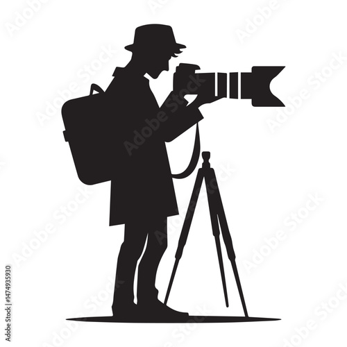 Minimalist photographer holding camera silhouette on white background