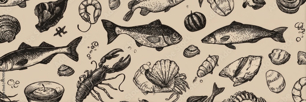 Obraz premium Hand-drawn Seafood Icons Display a Variety of Marine Life on a Neutral Background Creating a Delightful Culinary Theme