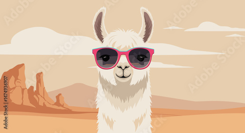 Stylish llama wearing sunglasses in the desert landscape under blue sky
