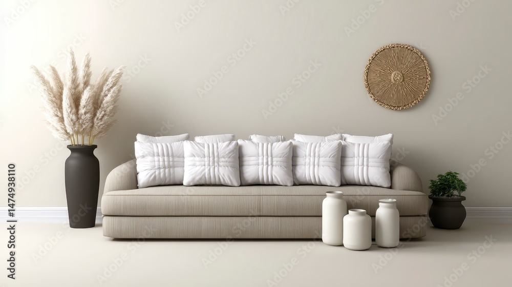 Fototapeta premium Minimalist Beige Sofa Pampas Grass Neutral Decor Living Room Interior Design