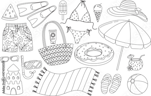 Set with summer elements drawn in a doodle style. Illustration with black and white vacation objects
