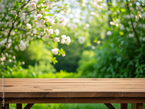 Empty wooden desk with free space and a springtime background of a home garden, perfect for catering service promotions, product display, or social media posts.

