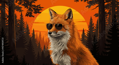 Cool fox wearing sunglasses against vibrant sunset in forest background