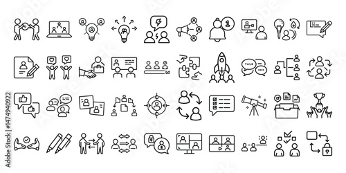 Successful business collaboration thin line icon set. Containing teamwork, cooperation, team working together, agreement, handshake, support, help, group people, partnership, organization. Vector
